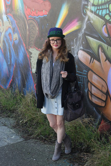 Hipster in the Haight, Kenzo, New Era Hat, Denim Skirt, Vince, leather jacket, Marc by Marc, American Apparel, circle scarf