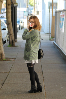 Mixed Prints & Studded Accoutrements, Utility Jacket, Urban Outfitters, Steve Madden, Studded boots, Topshop, tights, skirt