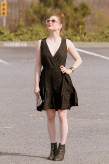 All Black Everything!, Stella McCartney, round sunglasses, soft pink, Trendy Mondays, black dress, Steve Madden, studded booties, 