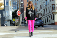 The Cat's Meow, Rachel Roy, silk pajamas, OOTD, pink sunglasses, fashion blogger, Steve Madden, studded boots, Cat sweater