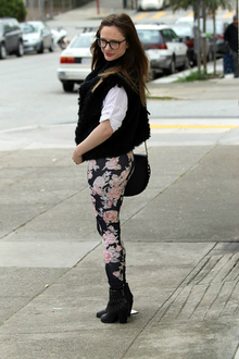Bloomin' Lovely, Brandy Melville, white collar shirt, Marc by Marc Jacobs, fur vest, BDG, floral leggings, Skylar Bag, Rebecca Minkoff, crossbody bag, Steve Madden, studded booties