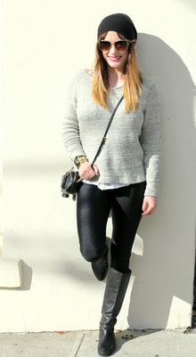 Rock N' Gold, Cashmere Hat, J. Crew, Valentino, boots, leggings, spandex, Madewell, sweater, Tom Ford, sunglasses, Prada, crossbody bag 
