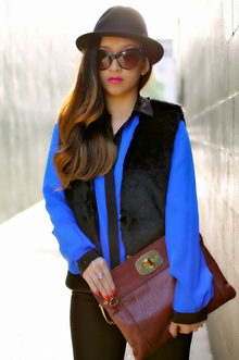 Flightless Blue Bird, blue, black, fur, vest, fedora