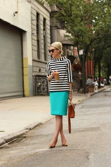 Atlantic-Pacific: brights & stripes, casual, pretty, turquoise, stripes, turtleneck sweater, skirt
