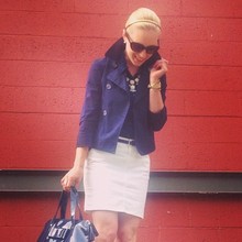 Denim Days, denim, skirt, top, navy, white, red, gold