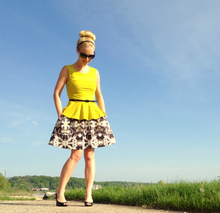 Mellow Yellow, peplum, yellow, print, skirt, a-line skirt, pattern, summer, gold, headband, sock bun, peep toe