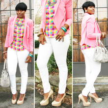 [multi-color] checkered blouse, #thrifted #vintage #look #outfit #pink #checker #blazer
