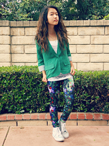 I'll keep my eyes fixed on the sun., ootd, outfit, floral, leggings, green, blazer, lace, lookbook, hologram, sneakers