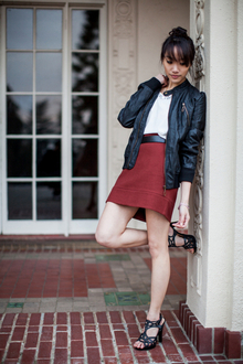 Biker Chick, leather jacket, white blouse, red skirt, black heels