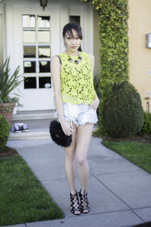 Lunch with the Girls, neon lace, yellow crochet, denim shorts