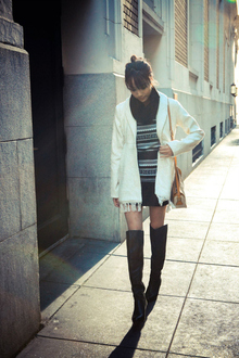 Stone Cold, winter coat over-the-knee boots sweater dress