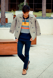 Retrofitted, vintage, fall, trench coat, striped sweater, cole haan
