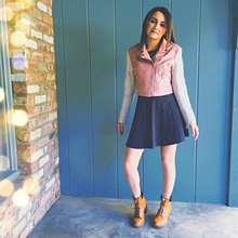 Girly Moto Jacket Chic, moto, jacket, skater, skirt, dress, boots, booties, 