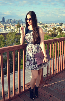 Flying purple people eater, dress, booties, heels, shades, wtfab