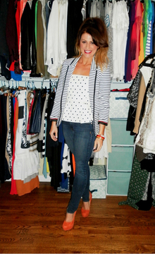 Polka Dot Top + Striped Blazer., peplum, prints, black and white, polka dots, stripes, blazers, orange, suede, platform pumps, girl's night out, red lipstick, ponytail, wallis, aldo, genetic denim, alice + olivia, 