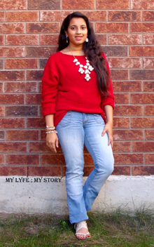 Red Flare,  #FALL #SCHOOLLOOK #BUBBLENECKLACE #EARRINGS #WHITE #RED #BLUE #DENIM #BOYFRIENDJEANS #COLOURED #FLATS #SWEATER #DAILYLOOK