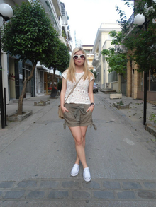 Khaki shorts and lace top, girl,blonde,shorts,top,lace,sneakers,sunglasses,zara