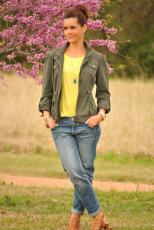 Military Jacket, Neon Tee and Boyfriend Jeans, olive green military jacket, neon yellow tee, boyfriend jeans, gladiator heels.