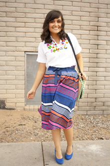 Hispanic Inspired, embroidered top, striped skirt
