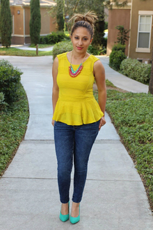 Emerald , emerald, peplum top, yellow 