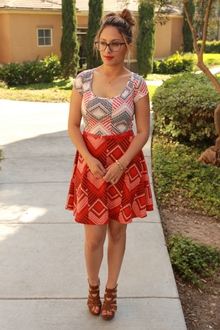 Illusion , two-print dress, red, wedges, plato's closet, thrift store, cateye glasses