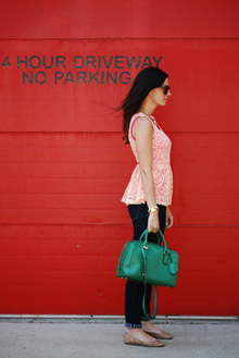Neon Lace Part II, neon, lace, mint, peplum, denim