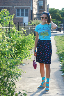 Little Miss Trouble, graphic tee, floral skirt, wedge espadrilles, bright, colorful