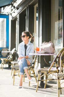 Weekend Pastels :: Light blue jacket & Blush bag, karenwalker, coach, pastels, motojacket, plaid, 7forallmankind, gianvitorossi, tedbaker, whitepump, valentino