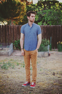 Chill Day Out, casual, blue shirt, linen, brown pants, red sneakers