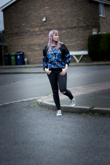 Blue Vinyl, jumper, ripped jeans, purple hair