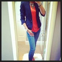 A Splash of Orange!, Blazer, Vest Top, Statement Necklace, Skinny Jeans, Orange, Navy, Fashion Blogger