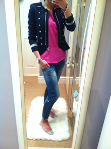 Sequins with a Splash of Pink!, Military, sequins, boyfriend jeans,