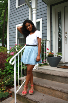 Pearls N' Polka Dots, polkadots, retro, outfit, fashion, t-shirt, skirt, denim, leather