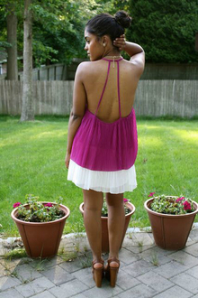 Pleats and Thank You, summer, pleats, magenta, skirt, wedges, backless