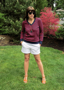 Nautical Stripes in Red & Blue, white trouser shorts, striped sweater, nautical, blue and red stripes