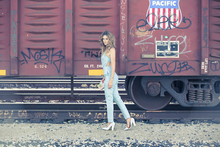 Gonna Take A Freight Train, travel, style, floral, denim, jumpsuit, chic, boho, vintage, southern, block heels, blue