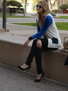 ColorBlocked, colorblock, blue, sweater, cardigan, sunglasses, pumps