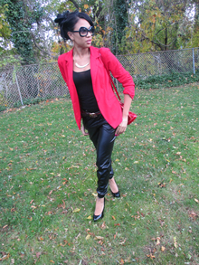 Casual Mixed With Chic, joggers, leather joggers, fall fashion, red bottoms, red blazer, bcbg, dvf