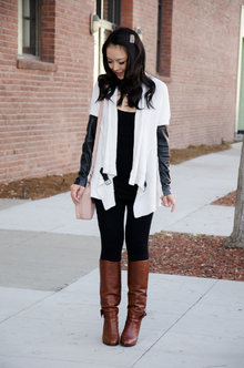 Winter White Uniform, leggings, cardigan, winter, white, leather, fall outfit