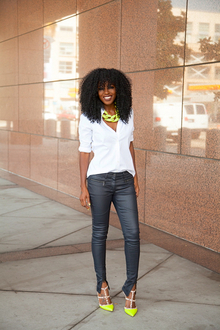 Classic White Button-Up + Moto Jeans, moto, classic, white button up, summer, neon