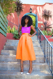 Sleevless Silk Blouse + Box Pleat Midi Skirt, twotone, orangemidiskirt, gianvitorossi, summer, bright, girly, classic