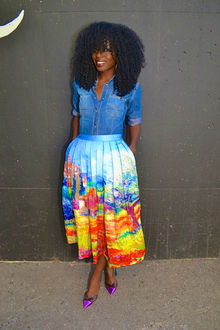 Fitted Denim Shirt + Scenic Print Pleated Mini Skirt, Classic