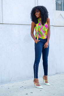 Printed Halter Blouse + High Rise Ankle Length Jeans, classic