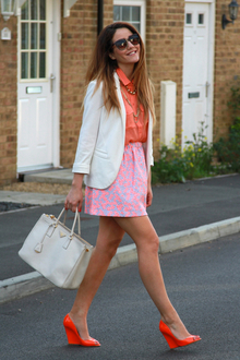 Floral Orange, dolce&gabbana, cateye, orangesheerblouse, katespade, factorynecklace, whiteblazer, bananarepublic, boohoo, halogen, jimmychoo, orangewedge