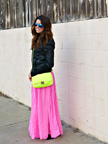 Neon Skirt & Leather Jacket, leather jacket, maxi skirt, neon