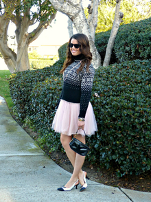 Fair Isle and Tulle, pink, tulle, skirt, fair isle, sweater, kitten heels, patent bag, pearls