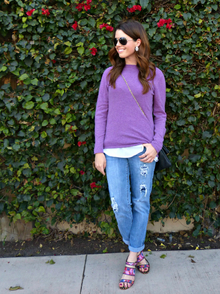 Radiant Orchid, radiant orchid, sweater, floral heels, boyfriend jeans