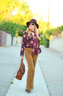Tie Neck Blouse. Flared Jeans. Fedora.