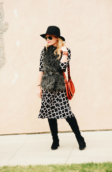 Print Dress, Fur Vest