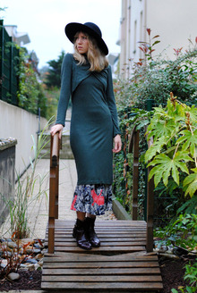 Forest green, dress, green, boho, hat, boots, prints, 